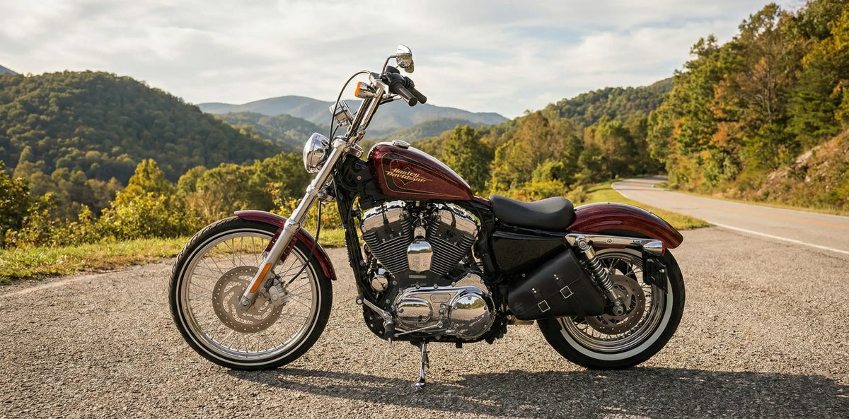 BAD&G Customs left side solo bag on a Harley-Davidson Sportster.