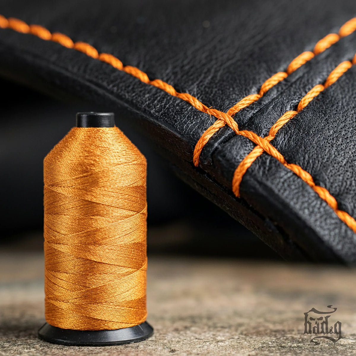 Spool of orange thread next to black leather with orange stitching.