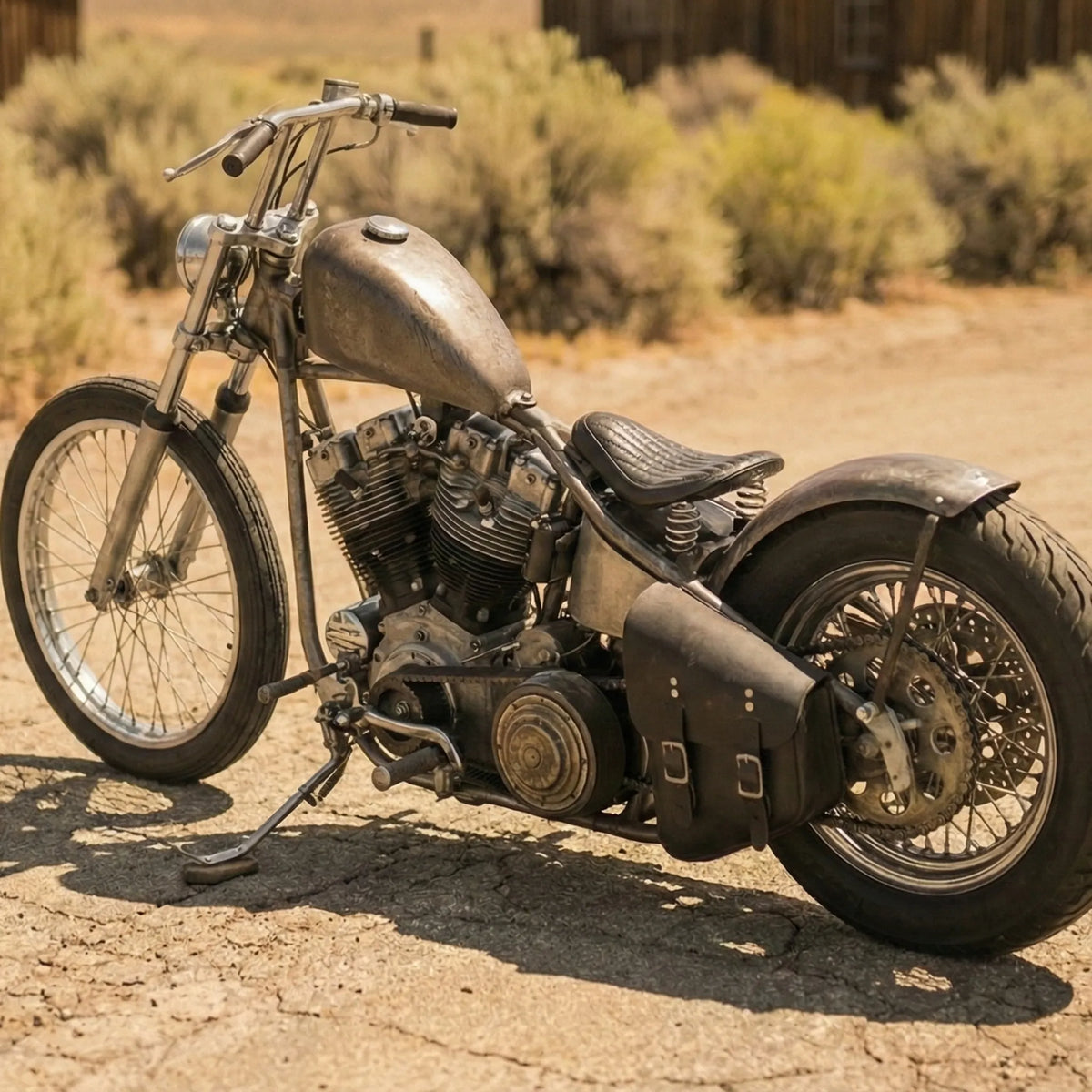 Custom Hardtail Chopper with Black Leather Solo Bag Left Side in Desert
