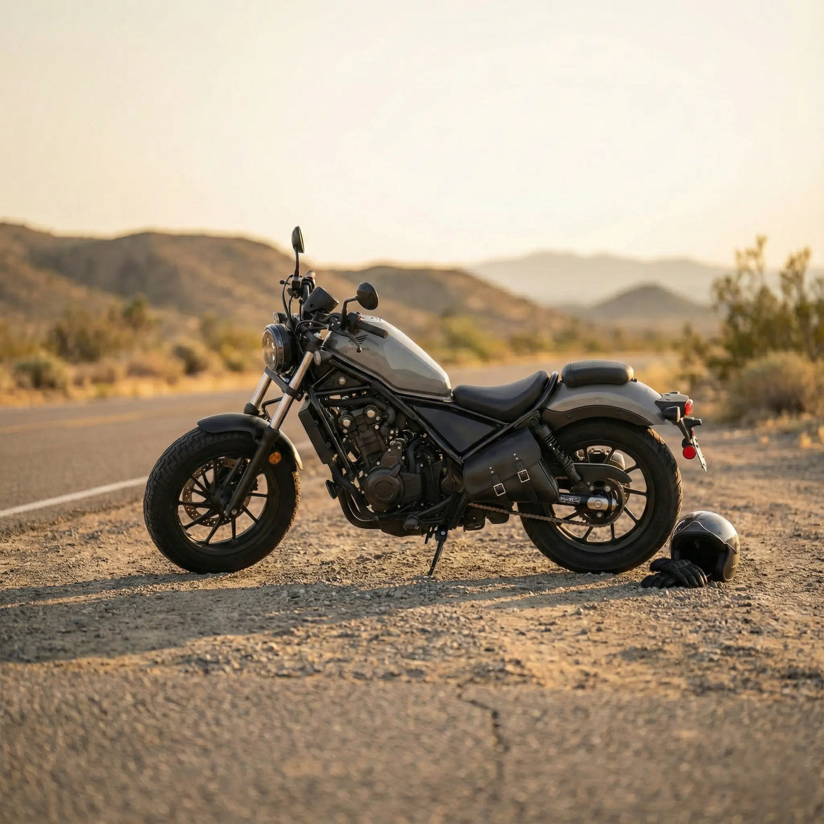 Motorcycle parked on a desert road with mountains in the background