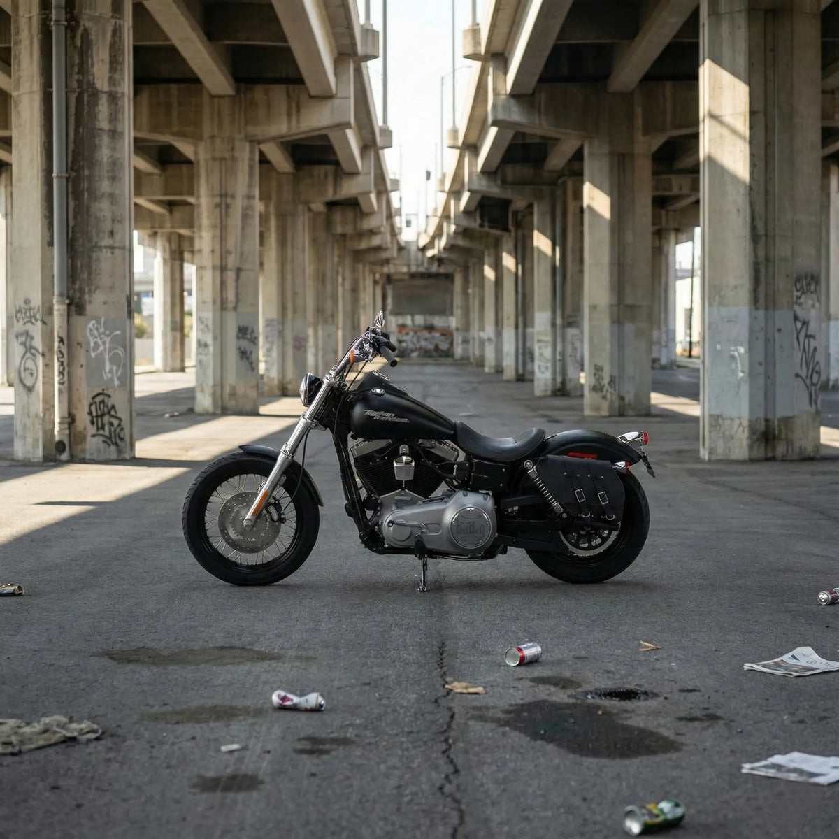 Motorcycle parked under a concrete overpass with graffiti on the walls.