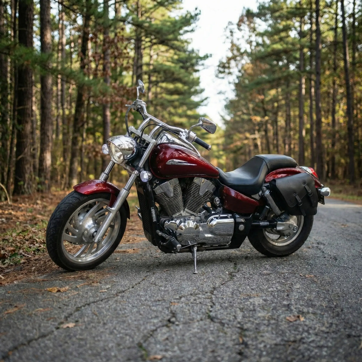 Red Honda VTX motorcycle parked on a road surrounded by trees