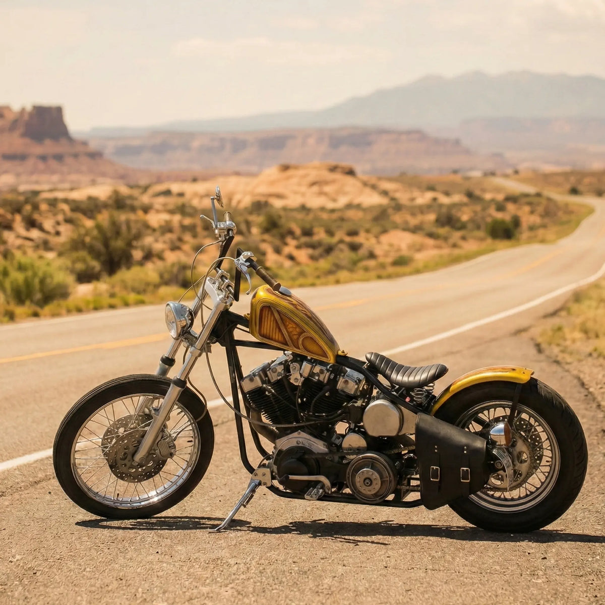 Custom Hardtail Chopper with Black Leather Solo Bag Left Side in Desert