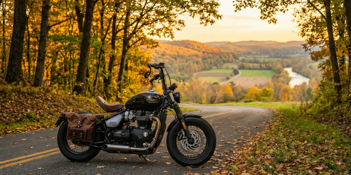 Triumph Bobber motorcycle with a BAD&G left-side black leather solo bag and brown leather seat.