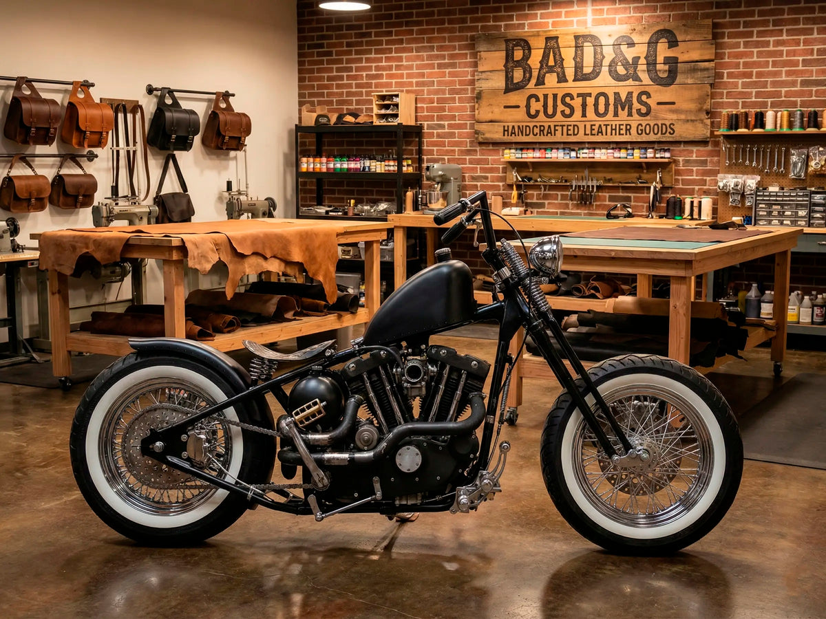 1973 Harley-Davidson Ironhead getting customized in the "BAD&G CUSTOMS" leather shop.