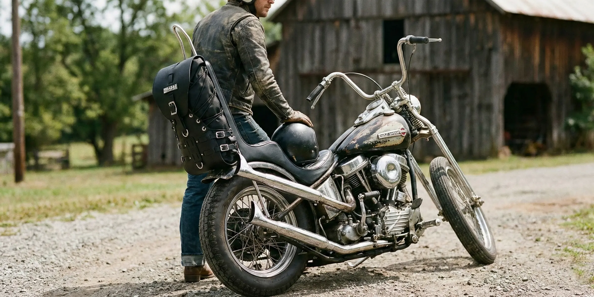 Person sitting standing next to a motorcycle with a barn in the background