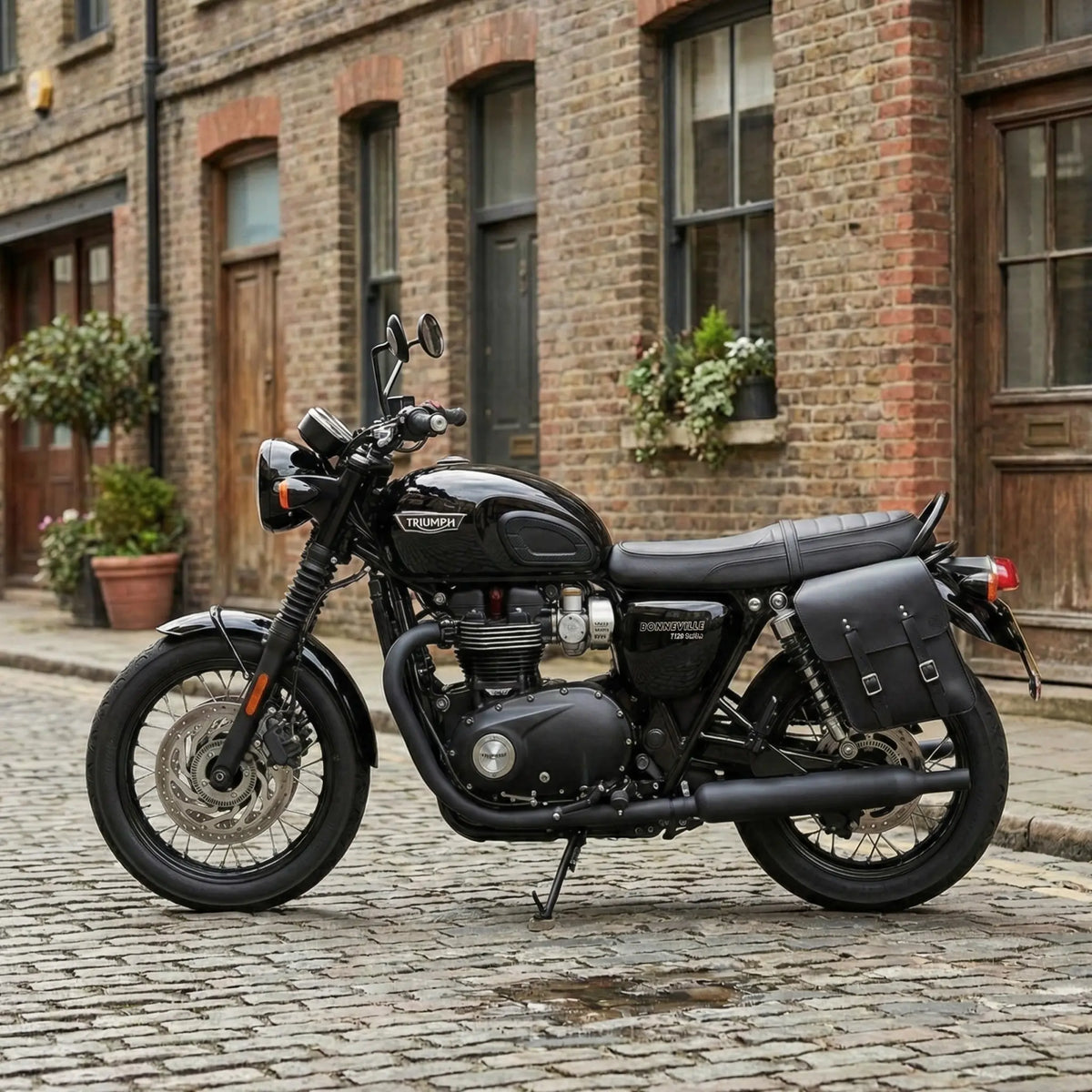 Black Leather Left Side Solo Saddlebag installed on Triumph Bonneville T120