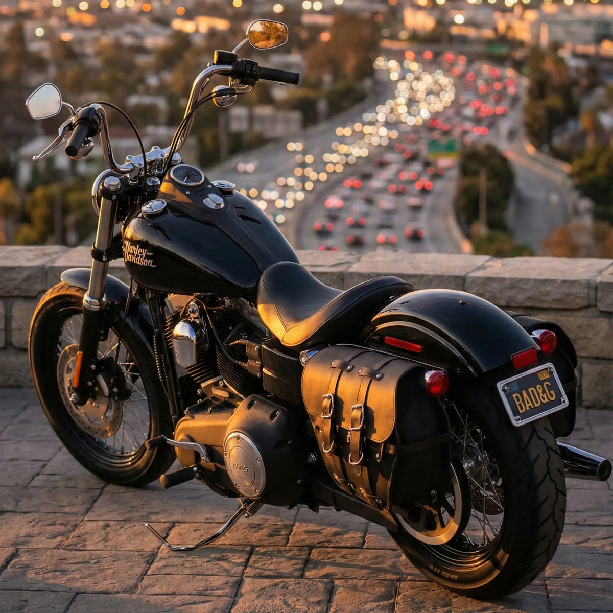 Motorcycle parked on a bridge with a cityscape and traffic lights in the background
