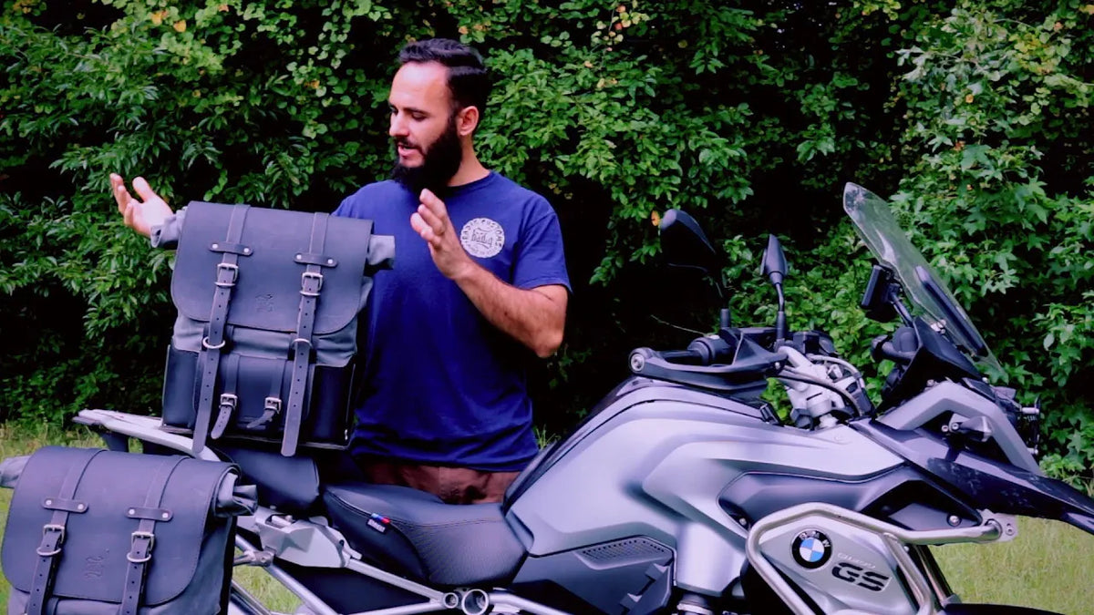 LEATHER and CANVAS BACKPACK SADDLEBAGS by BAD&G CUSTOMS Mounting on a motorcycle