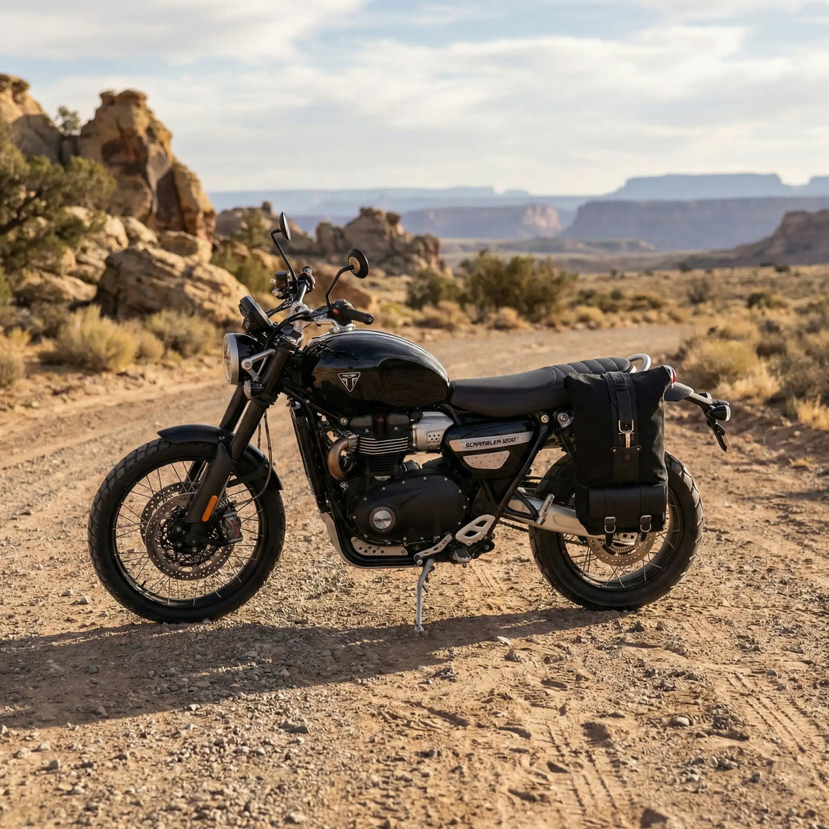 Motorcycle on a dirt road with desert landscape in the background